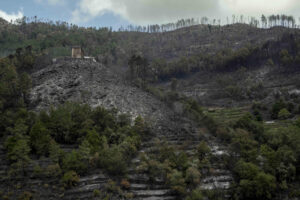 Galicia continúa su lucha contra los incendios forestales que está sufriendo este mes de septiembre, el más grave en los municipios de Pantón y Sober (Lugo), que ha afectado ya a más de 2.000 hectáreas, tras haber padecido en agosto la mayor oleada de fuegos de su historia. En la imagen, superficie calcinada por el incendio forestal de Pantón, visible desde la provincia de Ourense. EFE/Brais Lorenzo