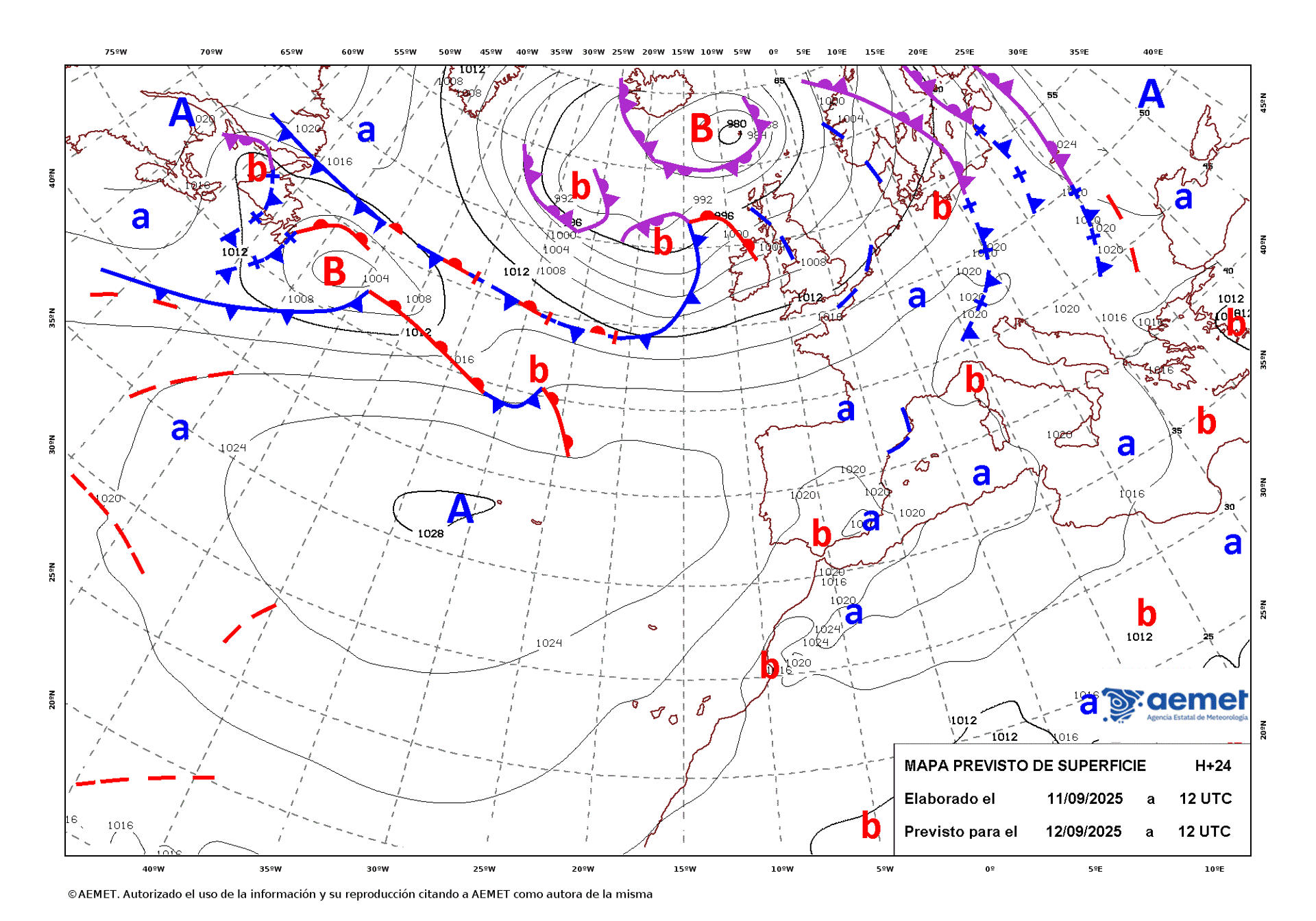 Mapa de isobaras facilitado por la Aemet previsto para el 12/09/2025. EFE ***SOLO USO EDITORIAL/SOLO DISPONIBLE PARA ILUSTRAR LA NOTICIA QUE ACOMPAÑA (CRÉDITO OBLIGATORIO)***
