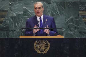 El presidente dominicano, Luis Abinader durante su intervención en la Asamblea General de la ONU. EFE/EPA/SARAH YENESEL