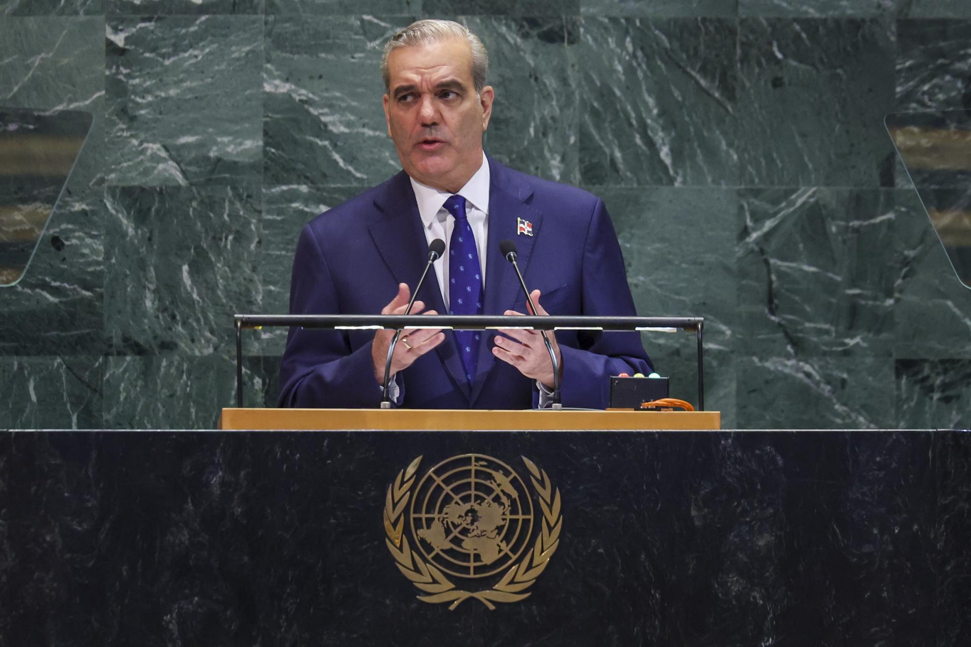El presidente dominicano, Luis Abinader durante su intervención en la Asamblea General de la ONU. EFE/EPA/SARAH YENESEL