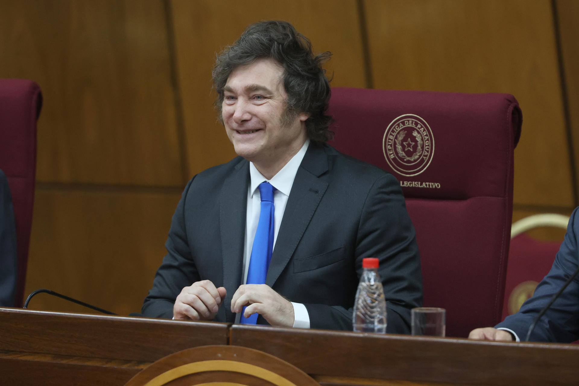 El presidente de Argentina, Javier Milei, durante un discurso este miércoles, en el Palacio Legislativo en Asunción (Paraguay). EFE/ Juan Pablo Pino
