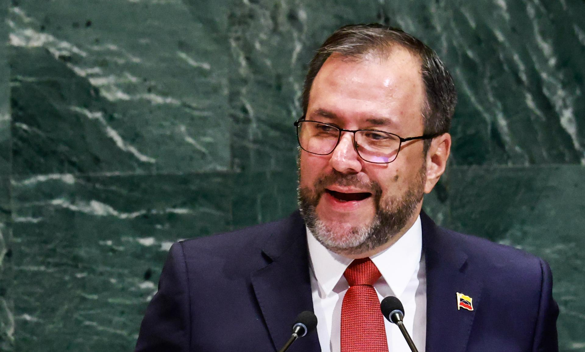 El canciller de Venezuela, Yván Gil durante su intervención en la Asamblea de Naciones Unidas. EFE/EPA/KENA BETANCUR