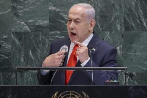 El primer ministro israelí, Benjamín Netanyahu, ante la Asamblea General de la ONU. EFE/EPA/SARAH YENESEL