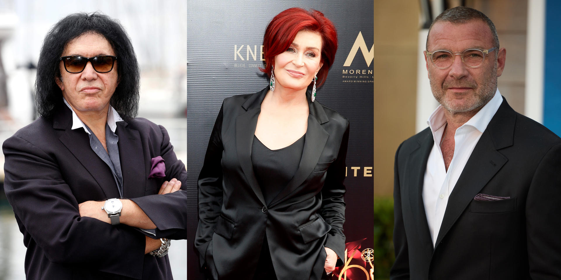 Combo de fotografías de archivo donde se observa al músico Gane Simmons (i), la presentadora y manager Sharon Osbourne (c), y el actor Liev Schreiber. EFE/ Sebastien Nogier / Adam S Davis/ Allison Dinner /