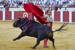 El diestro Emilio de Justo lidia un toro este jueves, durante la segunda de abono de la feria de San Lorenzo de Valladolid. EFE/ Nacho Gallego