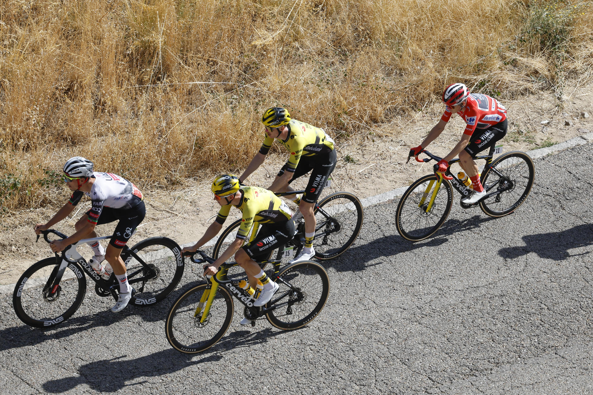 El pelotón durante la vigésima etapa de La Vuelta a España disputada este sábado entre las localidades madrileñas de Robledo de Chabela y el Puerto de Navacerrada con un recorrido de 165.6 km. EFE/ Javier Lizón
