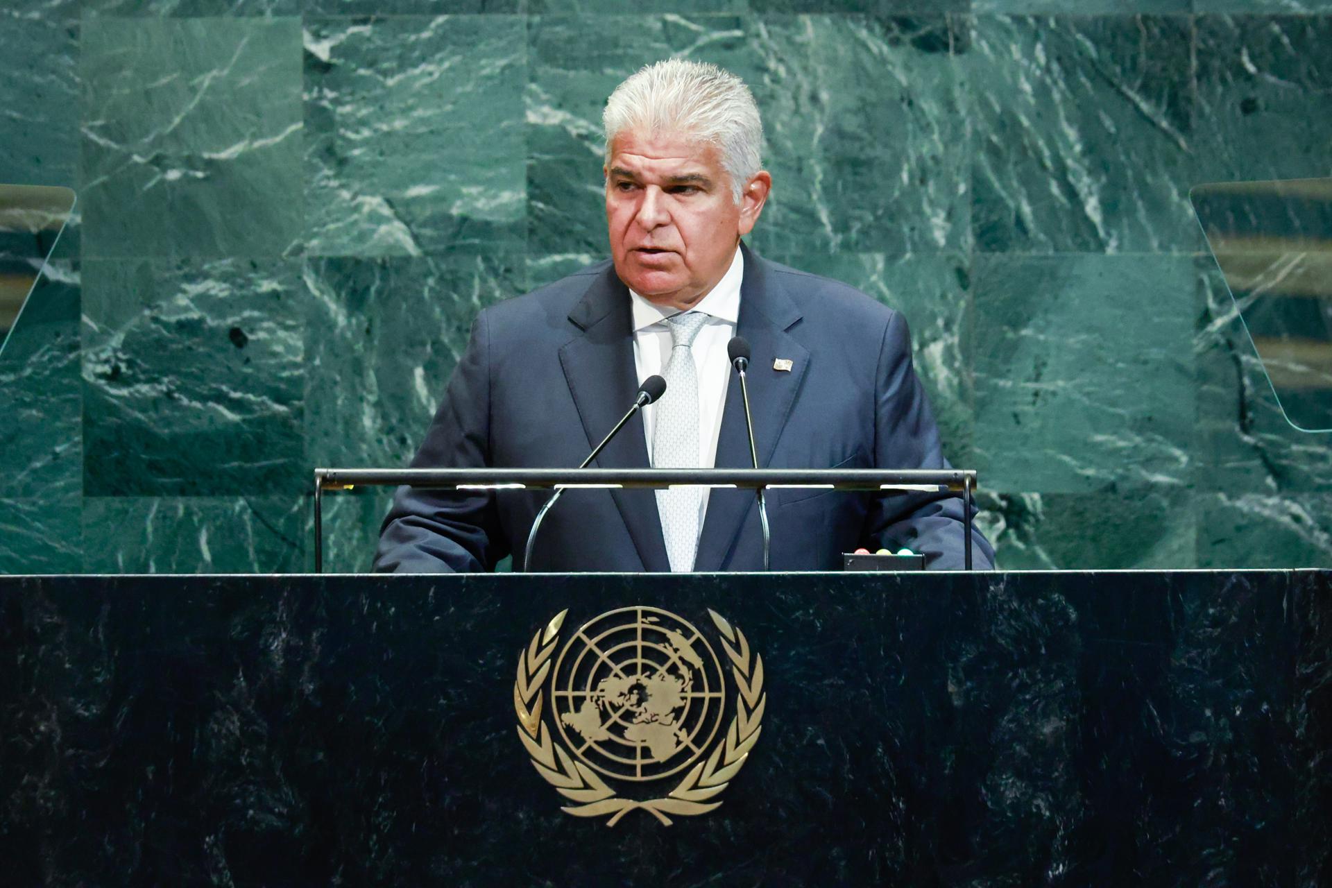 El presidente de Panamá, José Raúl Mulino, habla en la Asamblea General de la ONU. EFE/KENA BETANCUR