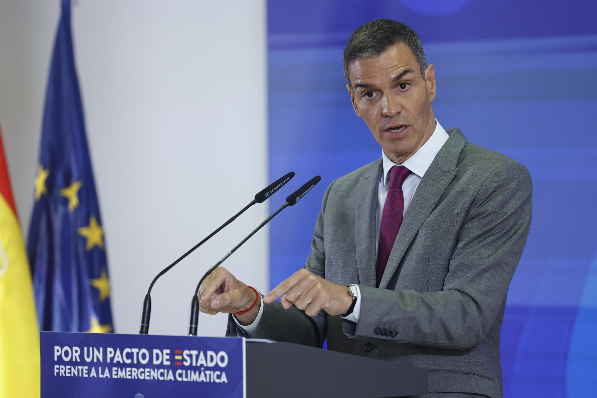 El presidente del Gobierno, Pedro Sánchez, durante la clausura del acto ‘Por un pacto de Estado frente a la emergencia climática’, el pasado lunes 1 de septiembre en Madrid. EFE/ Chema Moya