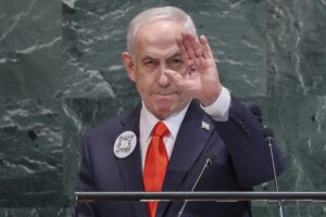 El primer ministro israelí, Benjamín Netanyahu, ante la Asamblea General de la ONU. EFE/EPA/SARAH YENESEL