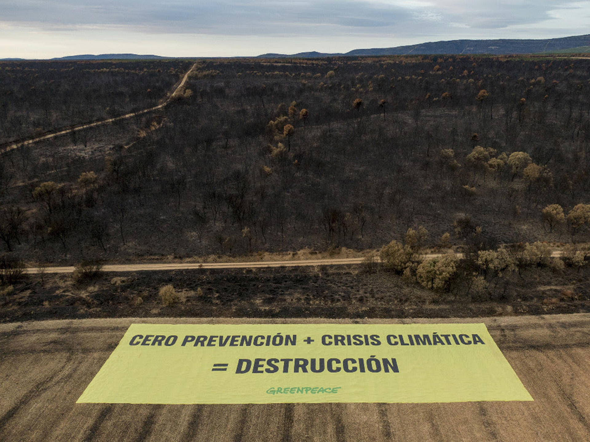 Greenpeace ha desplegado una pancarta de un kilómetro cuadrado en Palacios de Jamuz (León), uno de los pueblos más castigados por los incendios de este verano, prácticamente arrasado, con el lema "Cero prevención + crisis climática = destrucción", un dramático llamamiento a población e instituciones para evitar más catástrofes humanas y medioambientales. EFE/Greenpeace -SOLO USO EDITORIAL/SOLO DISPONIBLE PARA ILUSTRAR LA NOTICIA QUE ACOMPAÑA (CRÉDITO OBLIGATORIO)-