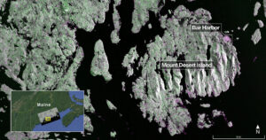 Fotografía cedida de una imagen capturada el 21 de agosto por el radar de banda L de NISAR donde se muestra la isla Mount Desert en el estado de Maine (Estados Unidos). EFE/ NASA/JPL-Caltech