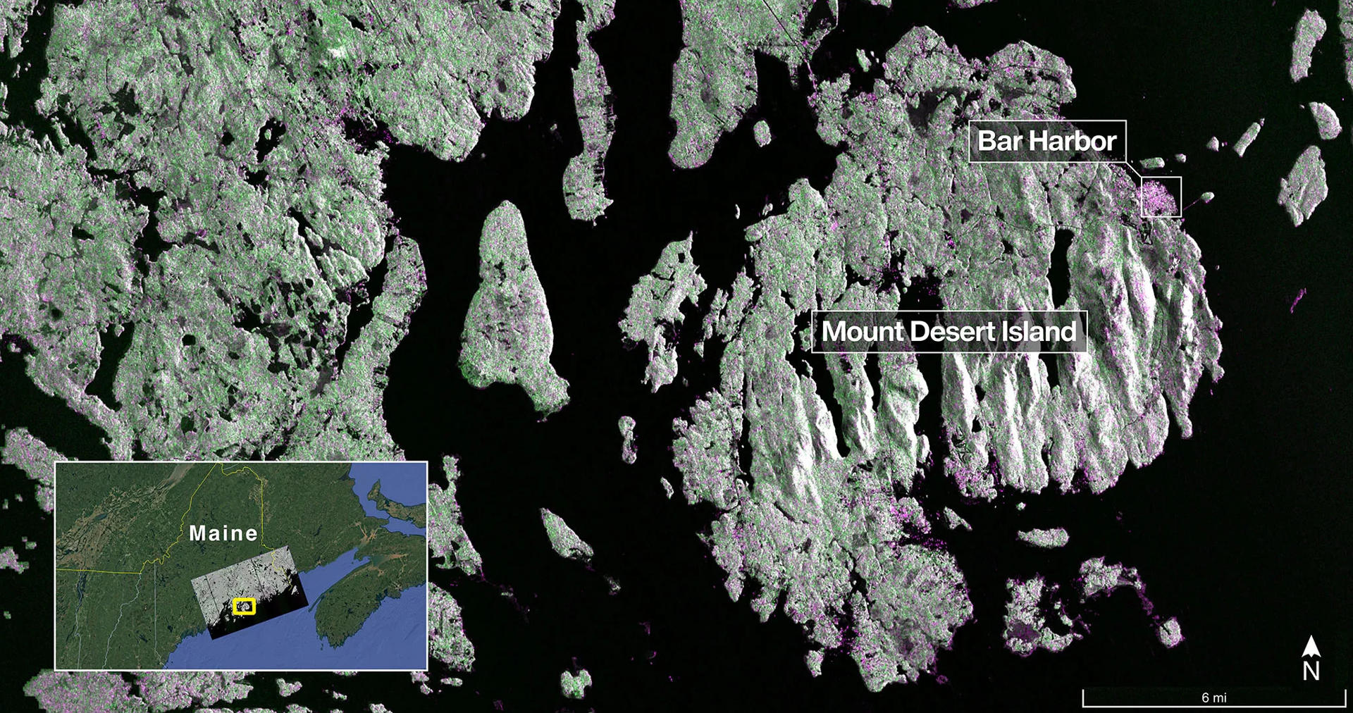 Fotografía cedida de una imagen capturada el 21 de agosto por el radar de banda L de NISAR donde se muestra la isla Mount Desert en el estado de Maine (Estados Unidos). EFE/ NASA/JPL-Caltech