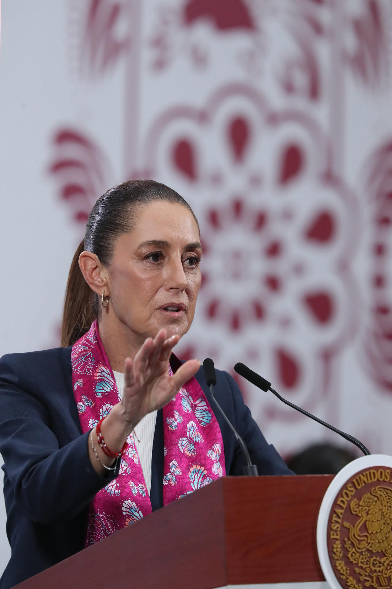 La presidenta de México, Claudia Sheinbaum, habla durante una rueda de prensa este martes en Palacio Nacional de la Ciudad de México (México). EFE/Mario Guzmán
