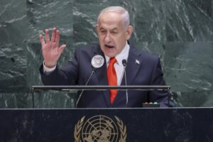 El primer ministro israelí, Benjamín Netanyahu, ante la Asamblea General de la ONU. EFE/EPA/SARAH YENESEL