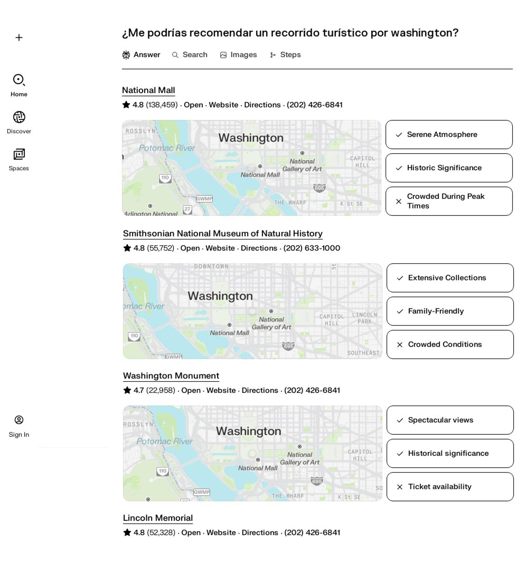 Captura de pantalla de una página de búsqueda detallada con mapas e indicaciones realizada en Perplexity, el motor de respuestas impulsado por inteligencia artificial. EFE/ Perplexity