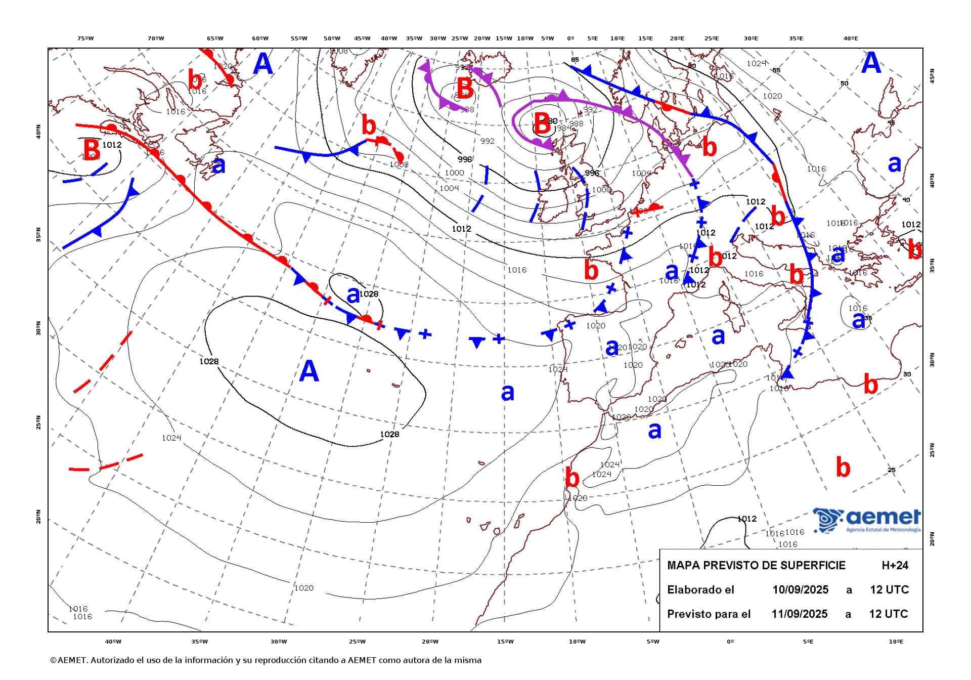 Mapa de isobaras facilitado por la Aemet elaborado el 10/09/2025 previsto para el 11/09/2025. EFE ***SOLO USO EDITORIAL/SOLO DISPONIBLE PARA ILUSTRAR LA NOTICIA QUE ACOMPAÑA (CRÉDITO OBLIGATORIO)***