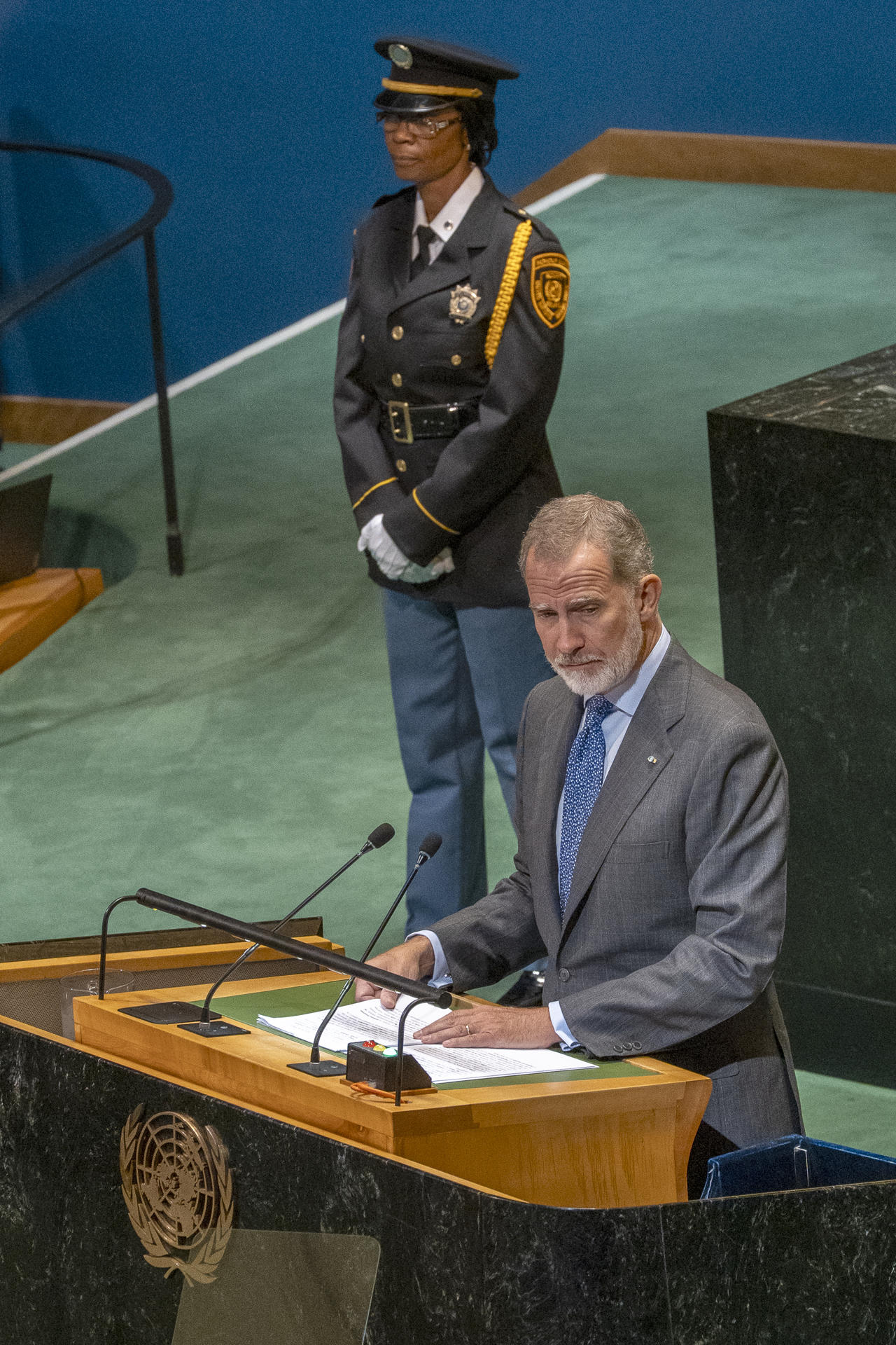 El rey Felipe VI habla en la Asamblea General de la Organización de las Naciones Unidas (ONU) este 24 de septiembre de 2025, en Nueva York (Estados Unidos). EFE/ Ángel Colmenares

