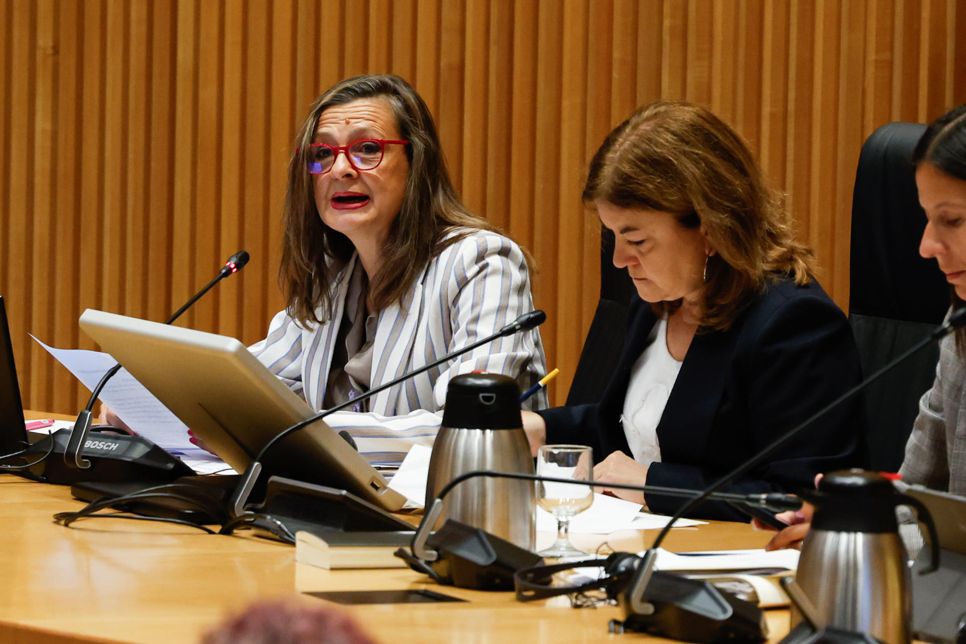 La delegada del Gobierno contra la Violencia de Género, Carmen Martínez Perza (i), comparece ante el Congreso de los Diputados este jueves para dar explicaciones sobre las incidencias de las pulseras de control telemático de agresores machista. EFE/ J.J. Guillén
