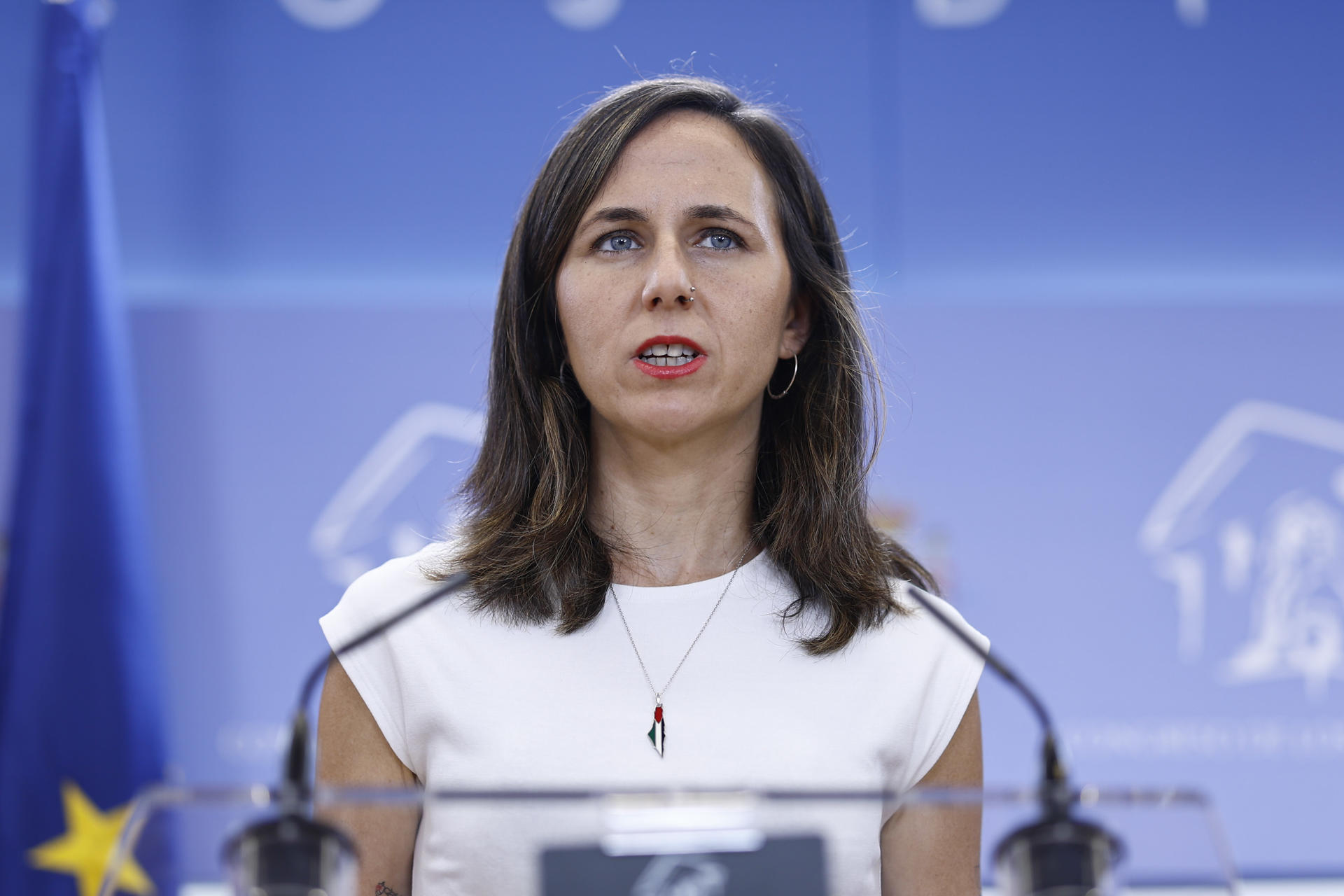 La portavoz de Podemos en el Congreso, Ione Belarra, este martes en rueda de prensa. EFE/ Rodrigo Jiménez
