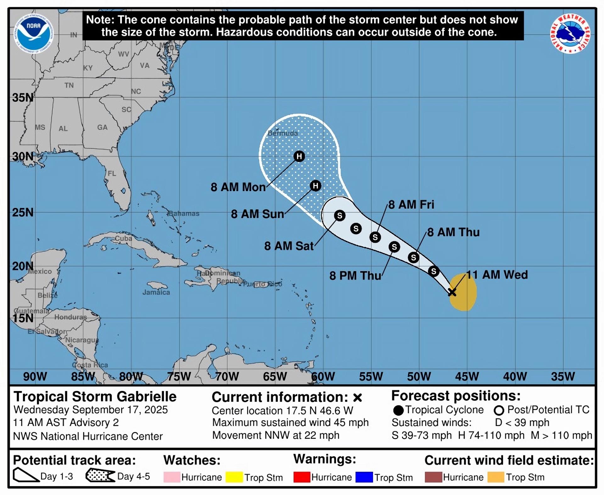 Imagen cedida por la Oficina Nacional de Administración Oceánica y Atmosférica de Estados Unidos (NOAA), a través del Centro Nacional de Huracanes (NHC), donde se muestra el pronóstico de cinco días del paso de la tormenta Gabrielle por el Atlántico este miércoles. EFE/ NOAA-NHC
