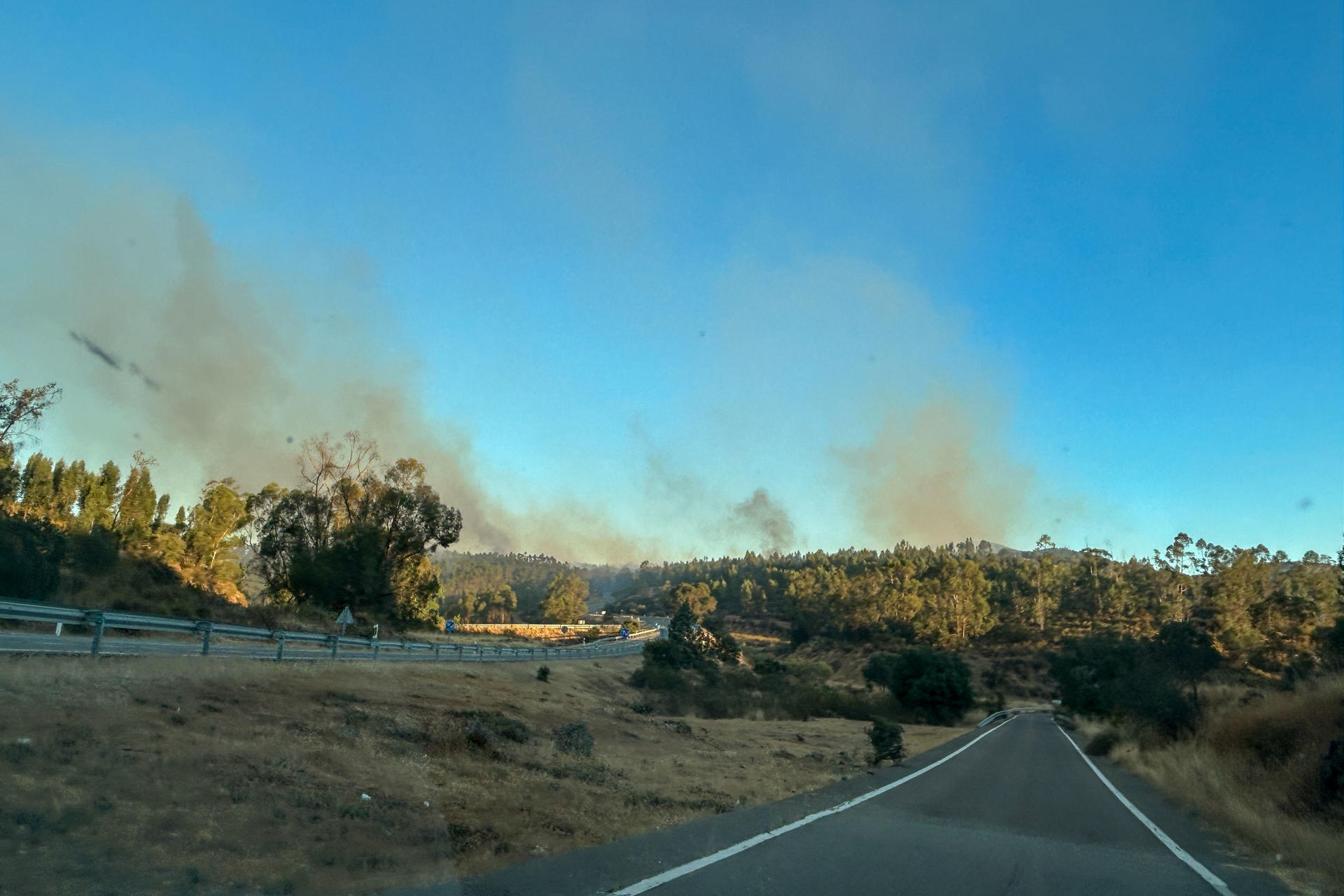 Vista del incendio en el que trabajan efectivos de bomberos y del Plan Infoca en Higuera de la Sierra (Huelva), que se ha declarado en torno a las 3.00 de la madrugada tras comenzar a arder un camión, y mantiene cortada la principal carretera entre la zona norte de la provincia y Portugal, la N-433. EFE/ Fermín Cabanillas
