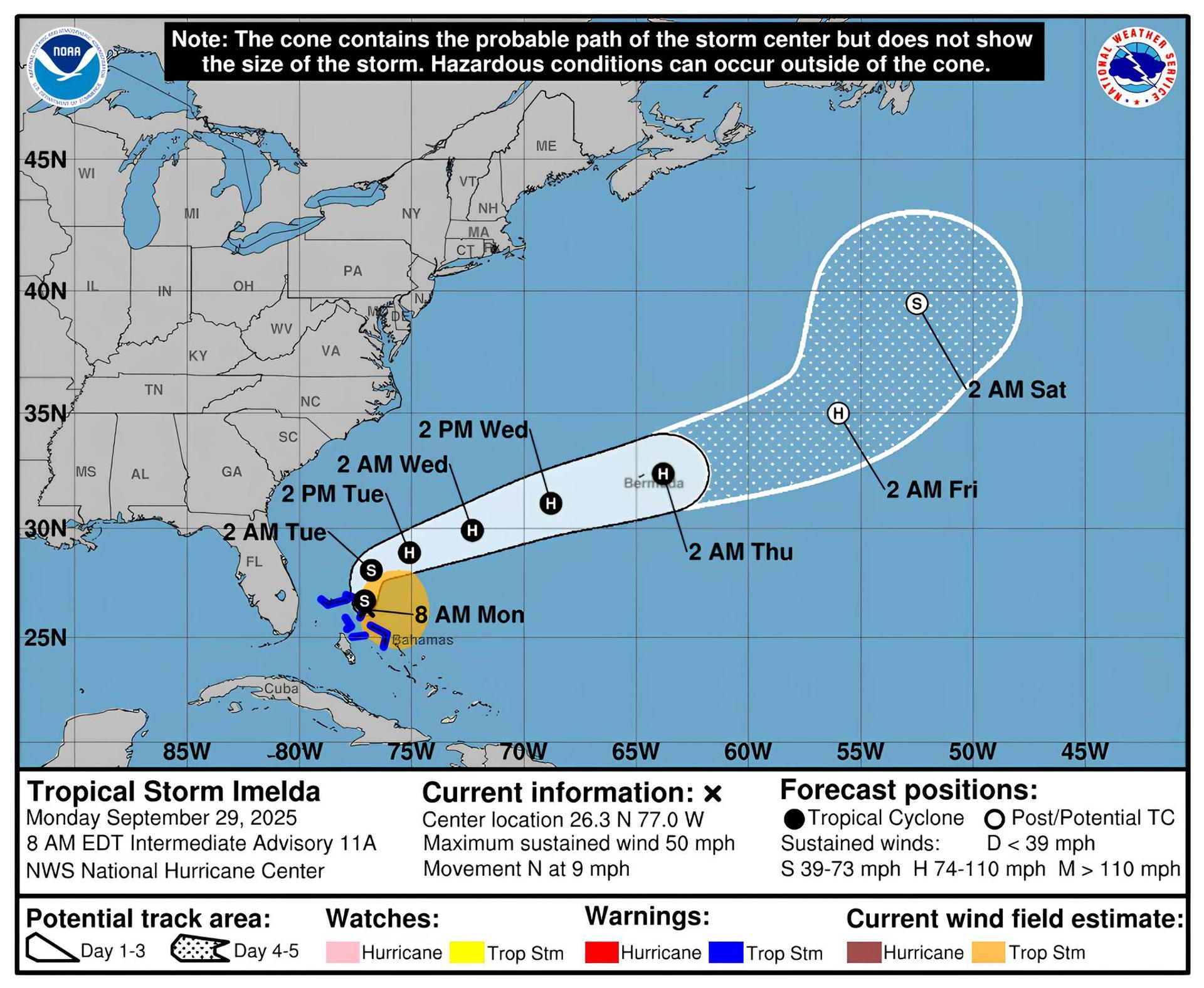 Imagen cedida este lunes por la Oficina Nacional de Administración Oceánica y Atmosférica de Estados Unidos (NOAA), a través del Centro Nacional de Huracanes (NHC), donde se muestra el pronóstico de cinco días de la trayectoria de la tormenta tropical Imelda por el Atlántico. EFE/NOAA-NHC
