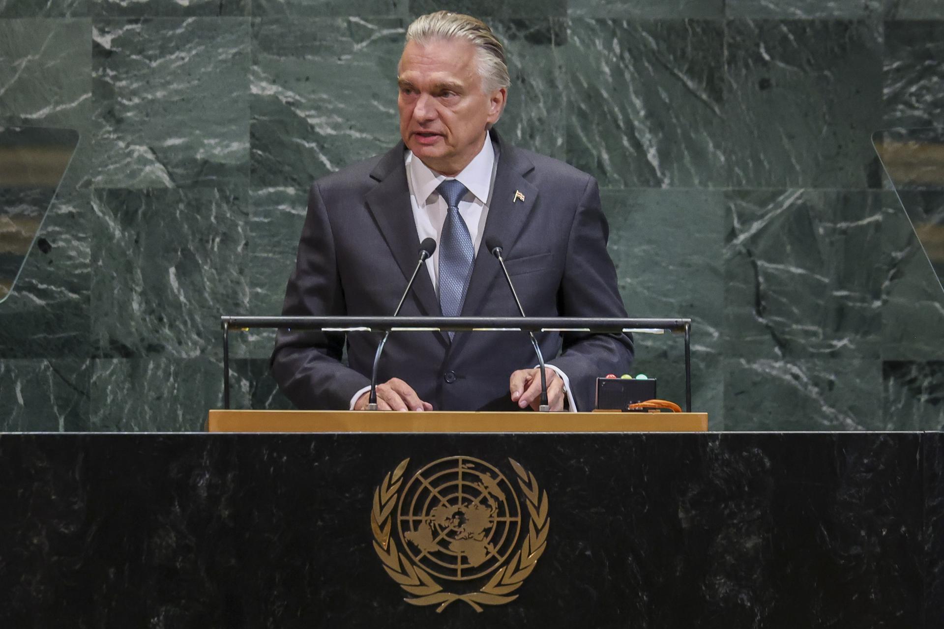 El canciller de Costa Rica, Arnoldo André, en la Asamblea General de Naciones Unidas. EFE/EPA/LEV RADIN
