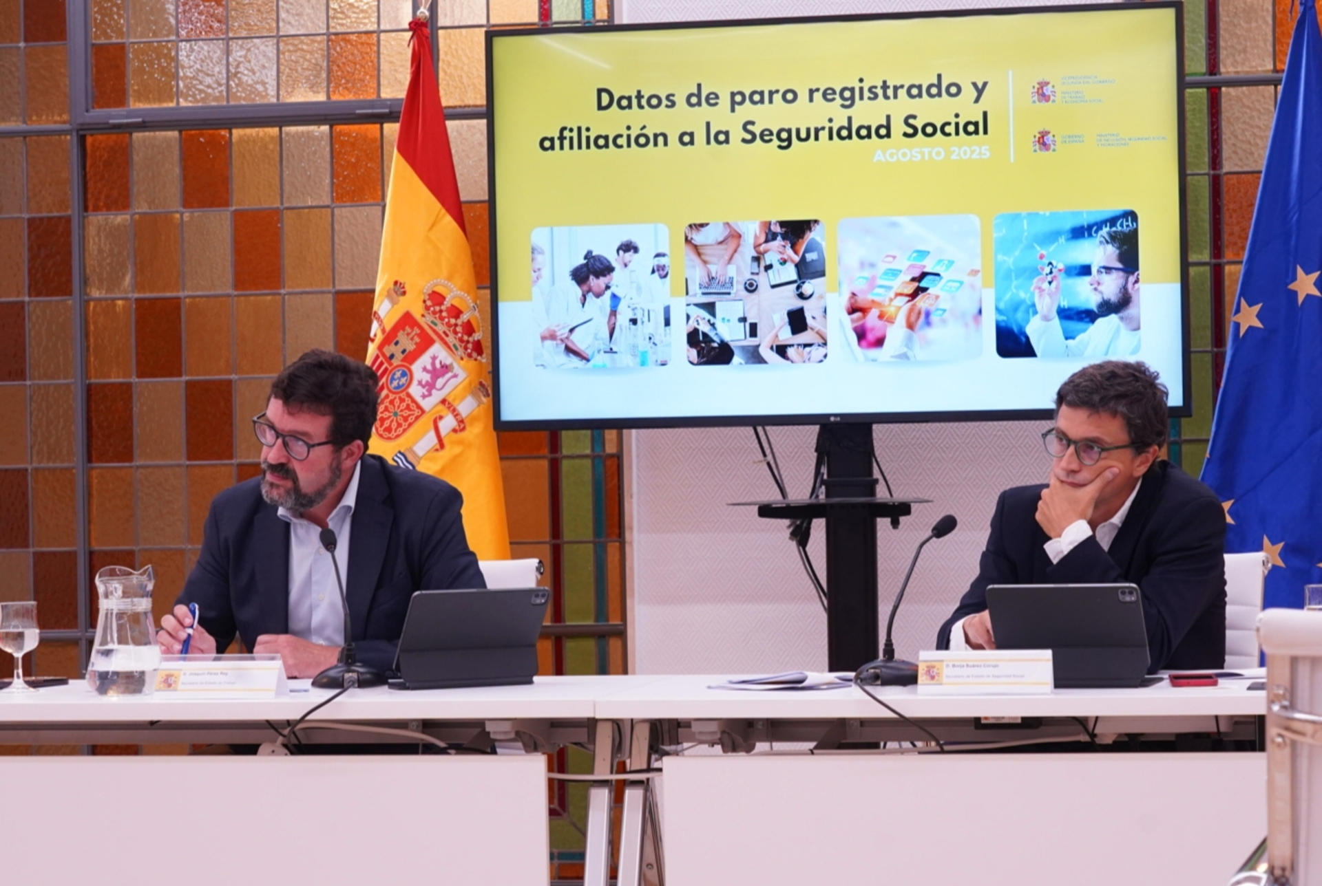 MADRID, 02/09/2025.- Los secretarios de Estado de Trabajo, Joaquín Pérez Rey (i), y de Seguridad Social y Pensiones, Borja Suárez (d), durante la rueda de prensa de los datos de agosto de 2025. EFE/Ministerio de Inclusión, Seguridad Social y Migraciones -SOLO USO EDITORIAL/SOLO DISPONIBLE PARA ILUSTRAR LA NOTICIA QUE ACOMPAÑA (CRÉDITO OBLIGATORIO)-