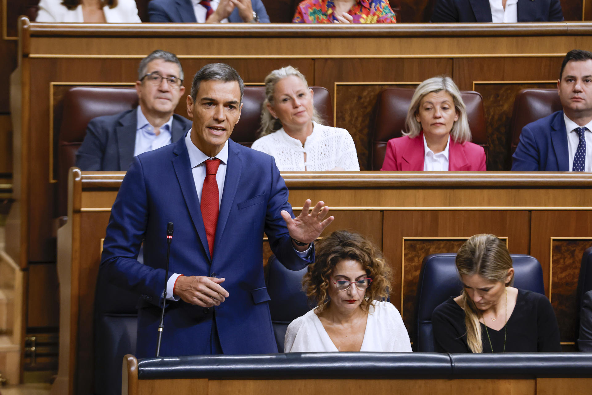 El presidente del Gobierno, Pedro Sánchez, durante la sesión de control celebrada en el Congreso de los Diputados, este miércoles. EFE/ J.J. Guillén