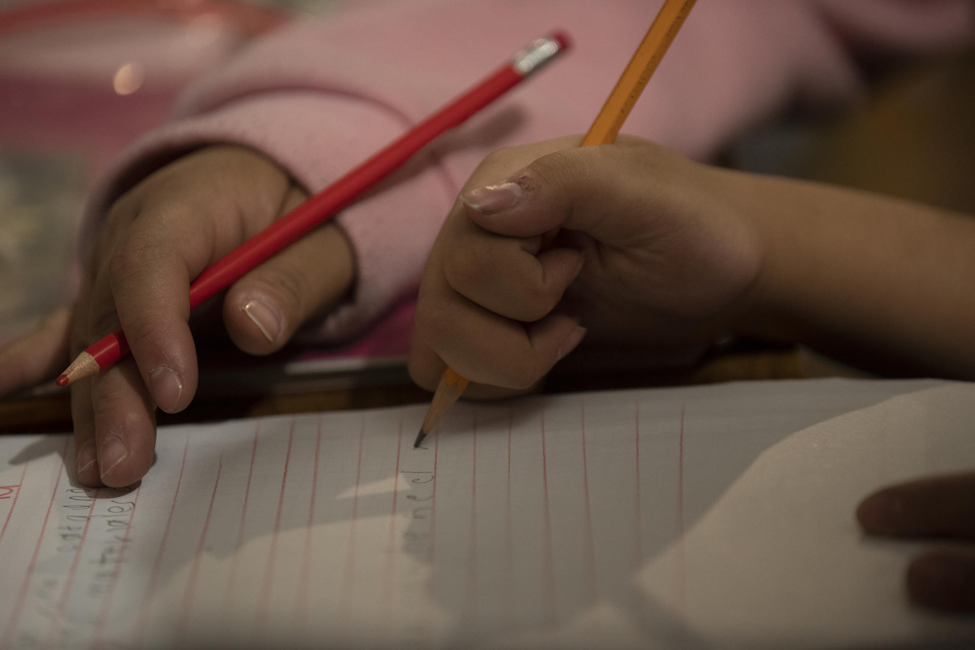 Detalle de las manos de dos niños mientras escriben en un cuaderno, en una imagen de archivo. EFE/ Sáshenka Gutiérrez