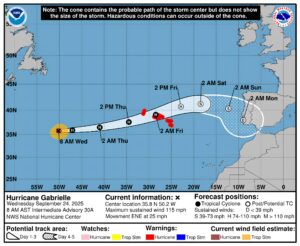 Imagen cedida este miércoles por la Oficina Nacional de Administración Oceánica y Atmosférica de Estados Unidos (NOAA), a través del Centro Nacional de Huracanes (NHC), donde se muestra el pronóstico de cinco días de la trayectoria del huracán Gabrielle en el Atlántico. El huracán Gabrielle continúa desplazándose rápidamente hacia el este-noreste sobre el Atlántico norte y se espera que impacte las islas Azores entre el jueves y el viernes, según el Centro Nacional de Huracanes de Estados Unidos (NHC). EFE/ NOAA-NHC /SOLO USO EDITORIAL/ NO VENTAS/ SOLO DISPONIBLE PARA ILUSTRAR LA NOTICIA QUE ACOMPAÑA (CRÉDITO OBLIGATORIO)