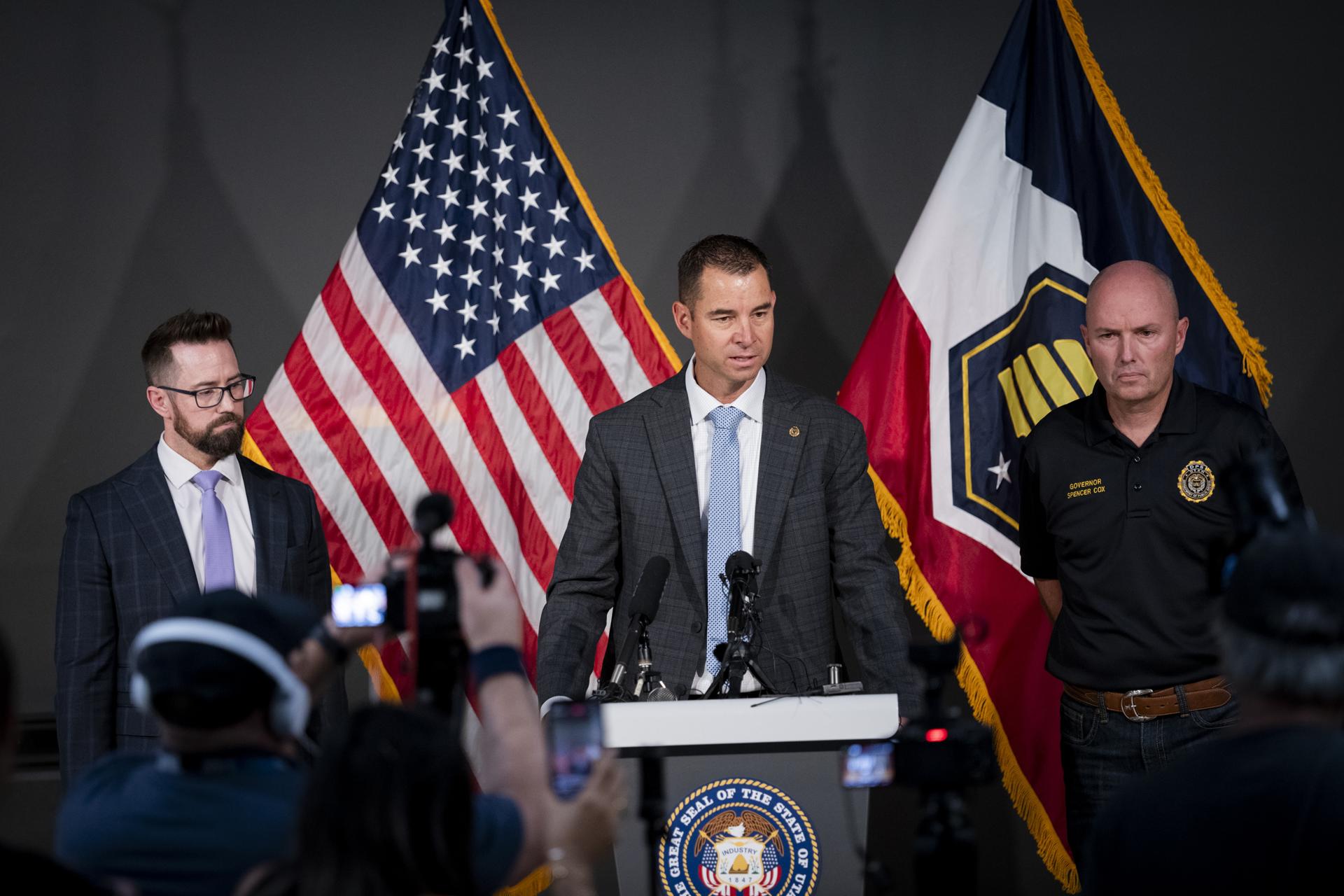 Beau Mason, Ccomisionado del Departamento de Seguridad Pública de Utah, habla durante una conferencia de prensa tras el tiroteo de Charlie Kirk, cofundador de la organización juvenil conservadora Turning Point USA, en la Universidad de Utah Valley en Orem, Utah, EE.UU. EFE/MARIELLE SCOTT