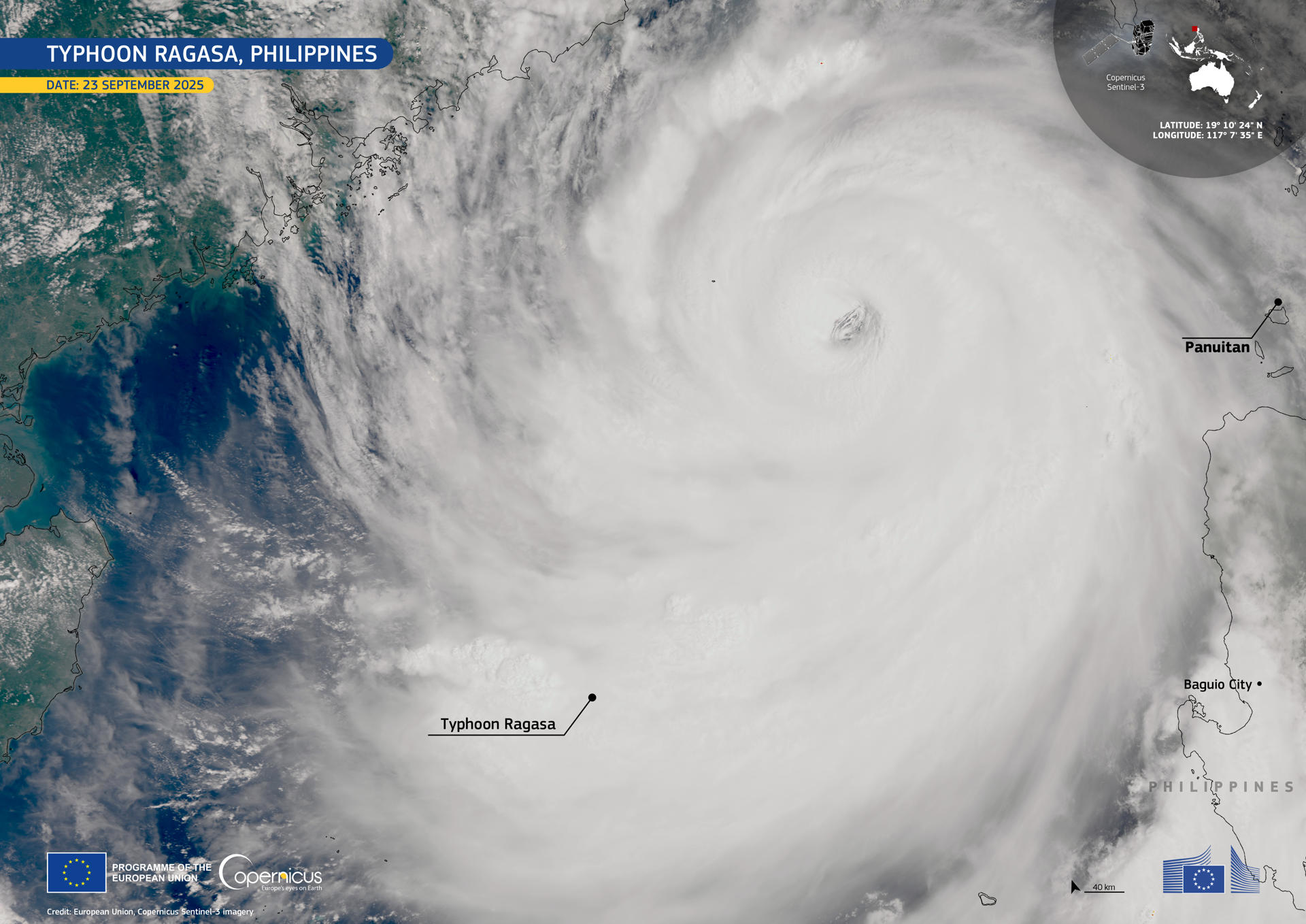 GRAF641. MANILA, 24/09/2025.- El tifón Ragasa, con ráfagas de viento de hasta 270 km/h, tocó tierra en la isla Panuitan, Filipinas. Miles de residentes fueron evacuados tras las alertas emitidas por las autoridades por graves inundaciones, deslizamientos de tierra y marejadas ciclónicas costeras. Al menos tres personas murieron y nueve resultaron heridas en Filipinas por el paso del supertifón Ragasa, la mayor tormenta del año, que tocó tierra el lunes en el norte del archipiélago obligando a evacuar a miles de personas, antes de continuar este martes su avance hacia el sur de China.EFE/ Unión Europea, Satélite Sentinel-3 Copernicus ***SOLO USO EDITORIAL/SOLO DISPONIBLE PARA ILUSTRAR LA NOTICIA QUE ACOMPAÑA (CRÉDITO OBLIGATORIO)***