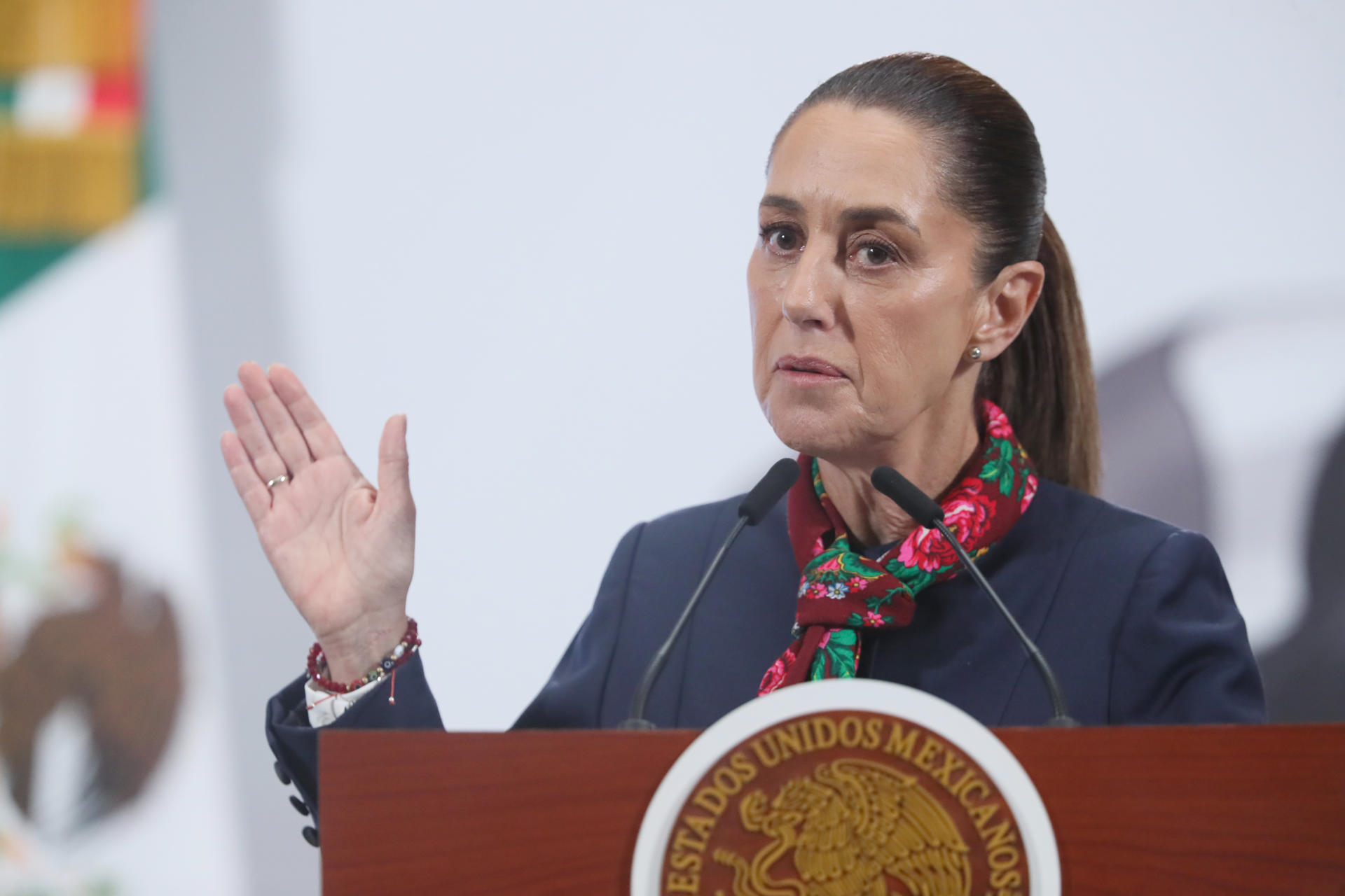 La presidenta de México, Claudia Sheinbaum, habla durante una rueda de prensa este martes, en el Palacio Nacional de Ciudad de México (México). EFE/Mario Guzmán