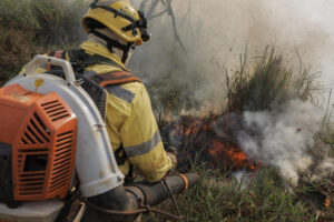 Un bombero forestal del Instituto Chico Mendes de Conservación de la Biodiversidad (ICMBio) fue captado el pasado 12 de septiembre, durante una quema controlada en un área de pastizales en Parauapebas (Brasil). EFE/Isaac Fontana