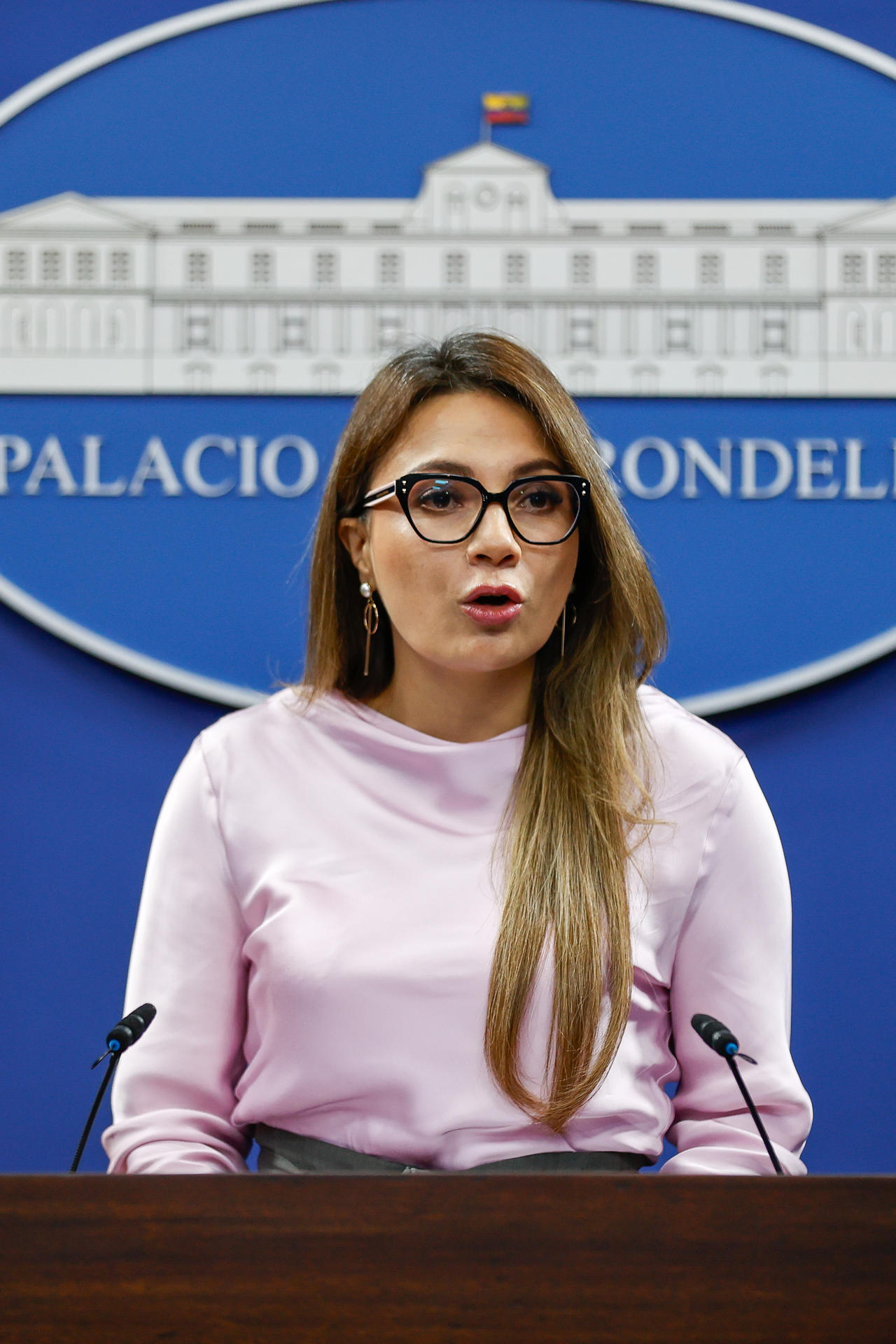 La portavoz del Gobierno de Ecuador, Carolina Jaramillo, al intervenir este lunes, 1 de septiembre, durante una rueda de prensa, en el Palacio de Carondelet, en Quito (Ecuador). EFE/José Jácome