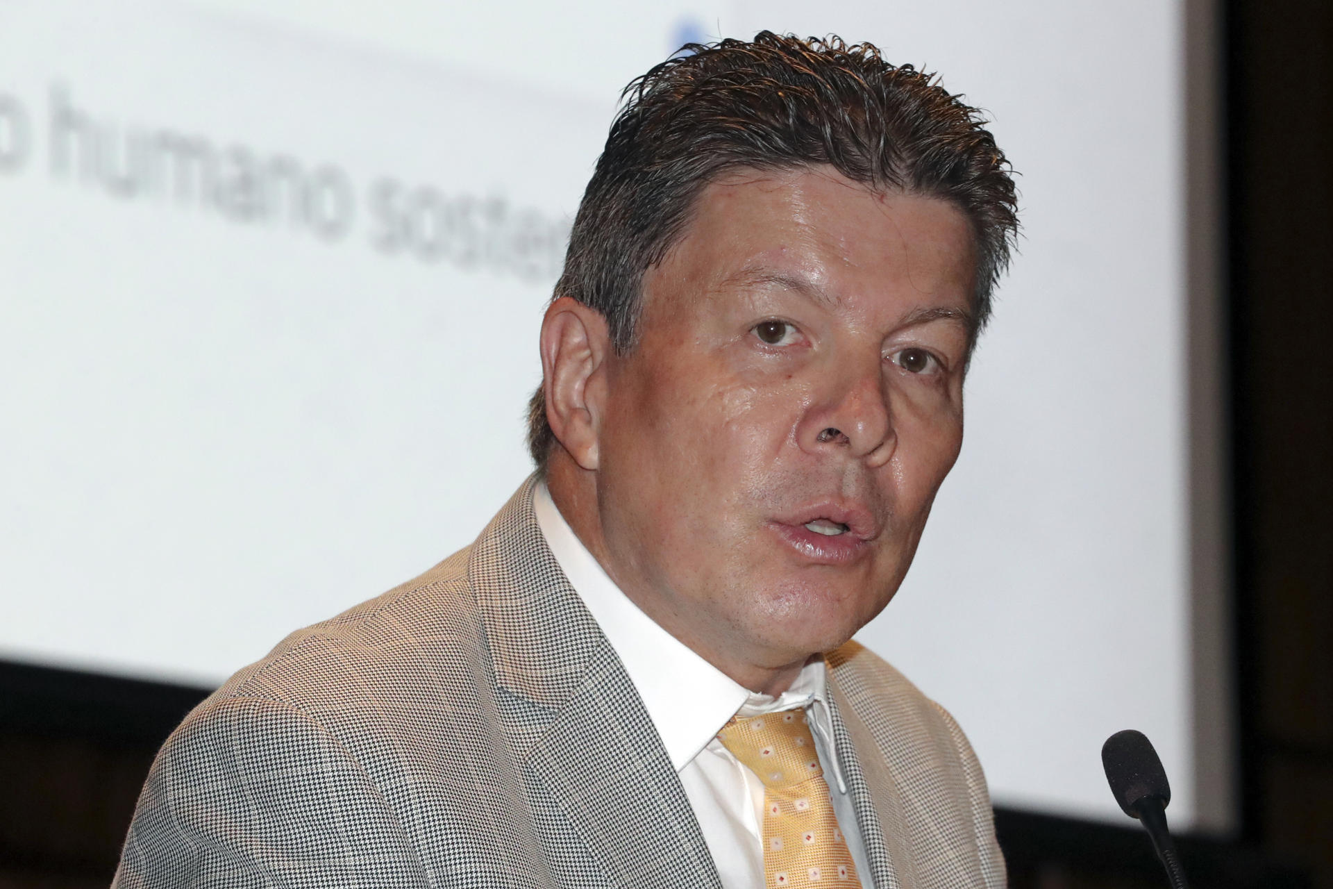 El coordinador de investigación del 'Séptimo Informe Estado de la Región 2025', Alberto Mora, habla este martes en Tegucigalpa (Honduras). EFE/ STR