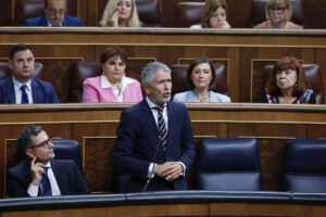 El ministro del Interior, Fernando Grande-Marlaska, interviene durante la sesión de control al Gobierno en el Congreso de los Diputados en Madrid, este miércoles. EFE/ J.J. Guillén