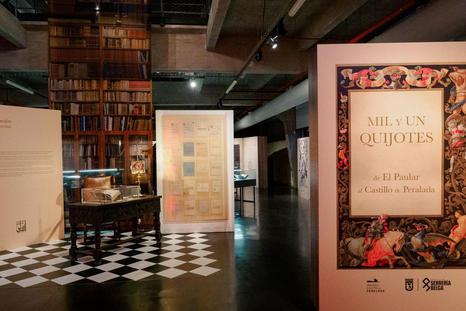 Más de 300 piezas de la colección cervantina del Museo Castillo de Peralada (Girona), creada por el bibliófilo Miguel Mateu, salen por primera de su emblemática biblioteca para exponerse en el Espacio Cultural Serrería Belga, cuando instituciones ambas celebran su primer centenario. Fotos cedidas. EFE