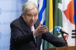 Fotografía de archivo del secretario general de las Naciones Unidas, António Guterres, durante una rueda de prensa, en la sede del organismo, en Nueva York (NY, EE.UU.). EFE/Justin Lane
