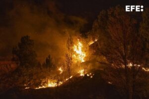 Imagen del incendio de O Bolo (Ourense), donde la Xunta de Galicia ha decretado el confinamiento de tres núcleos de población y se ha declarado el nivel 2 de emergencia. EFE/Brais Lorenzo