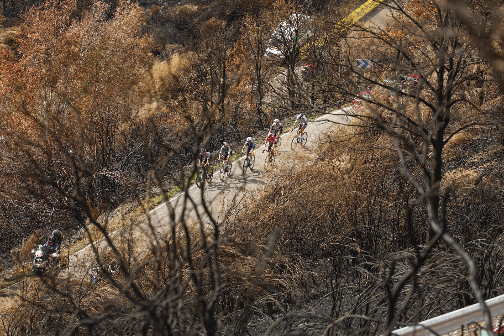 Los ciclistas recorren el paisaje calcinado por los incendios en el Bierzo durante la etapa 17 de la Vuelta Ciclista a España disputada este miércoles entre O Barco de Valdeorras (Ourense) y Alto de El Morredero (EL Bierzo-León), de 143,2km de recorrido. EFE/Javier Lizón
