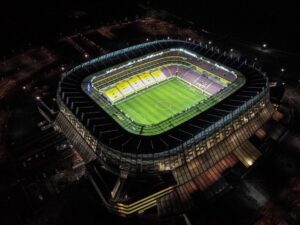 Fotografía aérea con dron que muestra el estadio Arena Pernambuco antes del partido por las eliminatorias sudamericanas. EFE/Antonio Lacerda