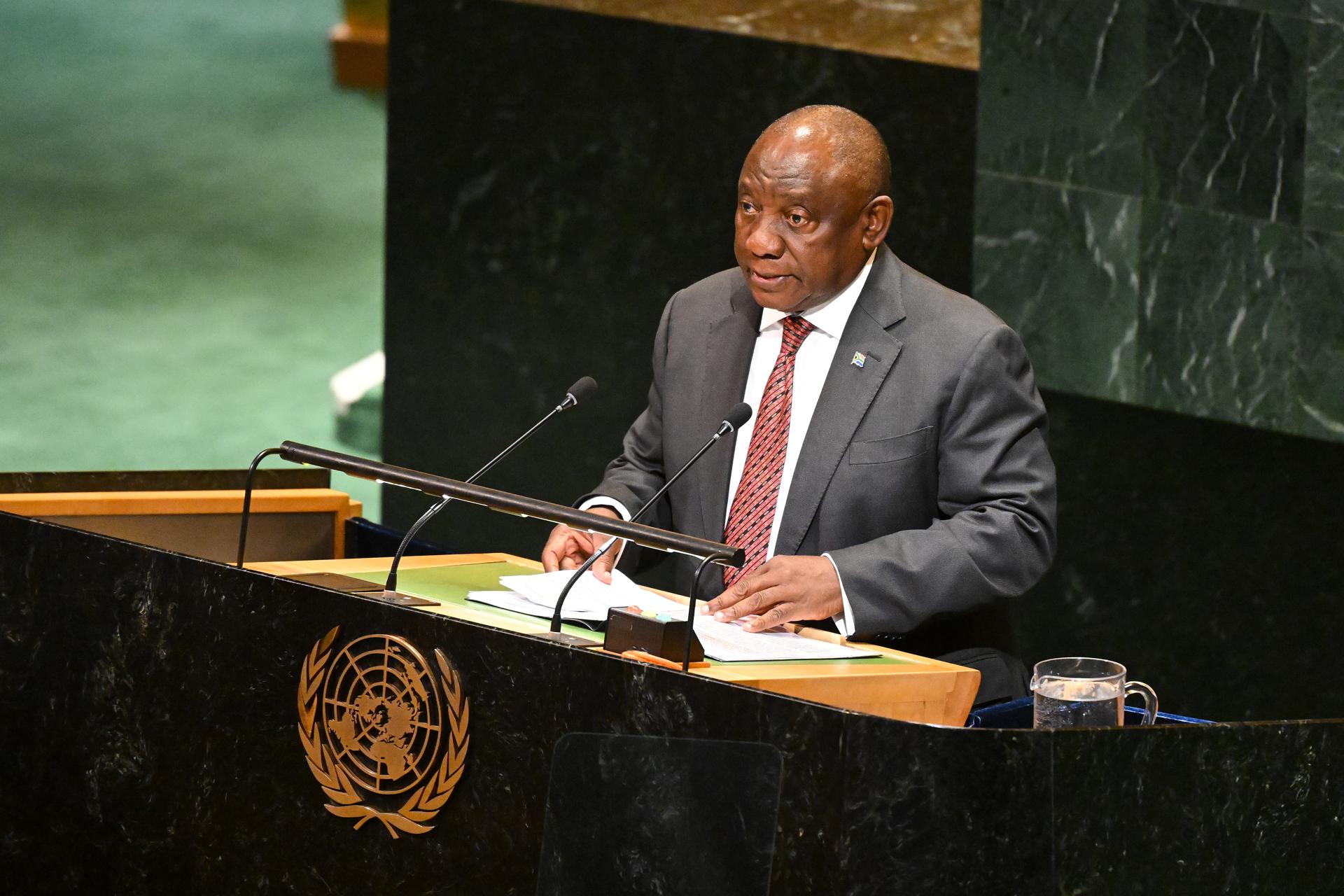 El presidente sudafricano, Cyril Ramaphosa, durante la Asamblea General de las Naciones Unidas, en Nueva York, EE.UU., el 22 de septiembre de 2025.  EFE/EPA/LUKAS COCH AUSTRALIA AND NEW ZEALAND OUT