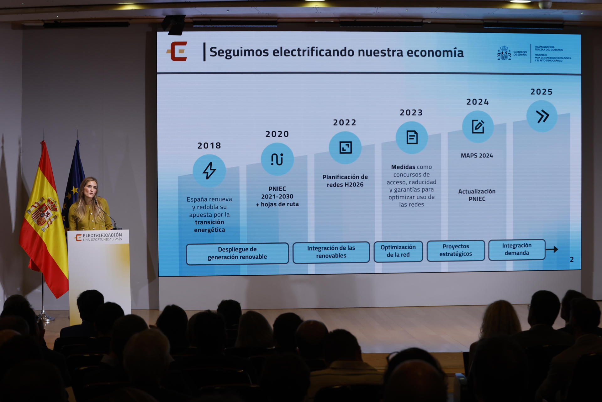 MADRID (ESPAÑA), 12/09/2025.- La vicepresidenta del Gobierno y ministra para la Transición Ecológica y el Reto Demográfico, Sara Aagesen, presenta este viernes las líneas generales de la Propuesta de Planificación de la red de transporte de electricidad con horizonte 2030 durante un acto celebrado en Madrid. EFE/JJ Guillén
