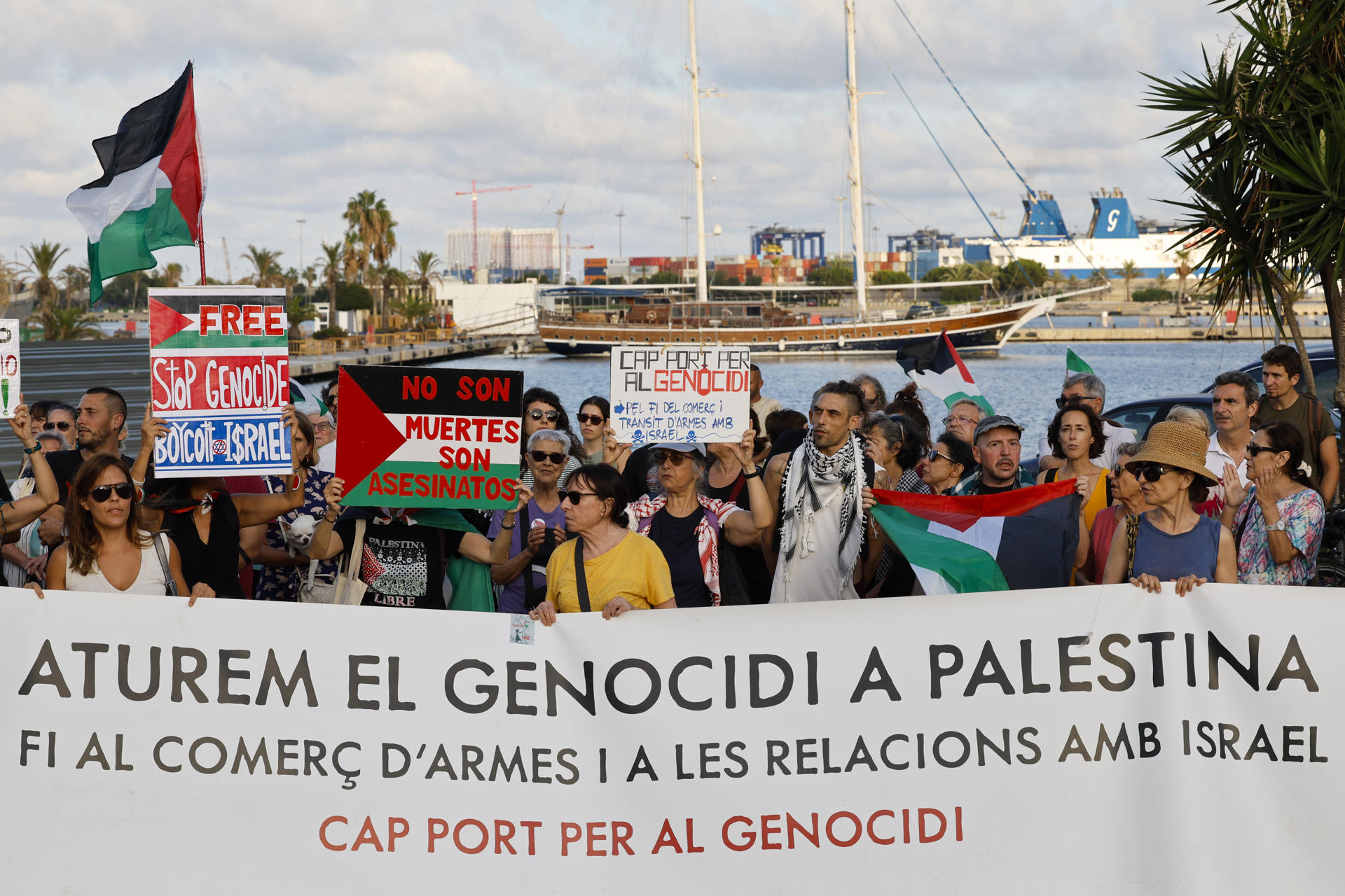 Entidades de apoyo a Palestina celebran una concentración bajo el lema "Cap port per al genocidi. Fi al comerç i trànsit d'armes amb Israel" ante la llegada al Puerto de València de un barco con material militar para Israel, según los convocantes de la protesta. EFE/Ana Escobar