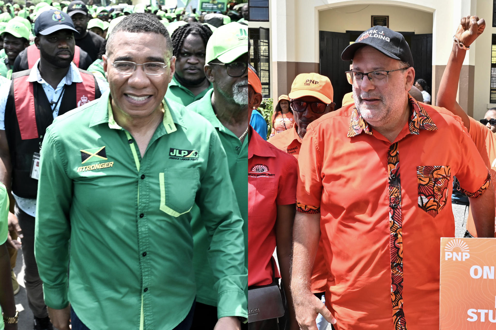 Combo de fotografías de archivo del primer ministro de Jamaica, Andrew Holness (i), y del líder de la oposición, Mark Golding (d). EFE/ Rudolph Brown