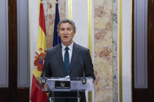 El presidente del PP, Alberto Núñez Feijóo, ofrece una rueda de prensa en el marco de la sesión de control al Gobierno en el Congreso de los Diputados en Madrid, este miércoles. EFE/ J.J. Guillén