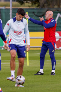 Foto de archivo del entrenador de la selección española de fútbol Luis De La Fuente (D) y el delantero Álvaro Morata (I). El técnico aseguró hoy que no tiene que dar "ninguna explicación" a Álvaro Morata, señaló que el delantero "sabe cuál es su papel perfectamente" y se mostró orgulloso de su capitán, al que ha dado apenas 10 minutos en los cuatro últimos partidos. EFE/ J.J.Guillén/ARCHIVO