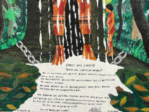 Detalle de la obra 'Amazonía II' (2022) del peruano Santiago Yahuarcani en la exposición 'Amazonia Açu' este miércoles, en la sede de la Americas Society en Nueva York (Estados Unidos). EFE/Alicia Sánchez